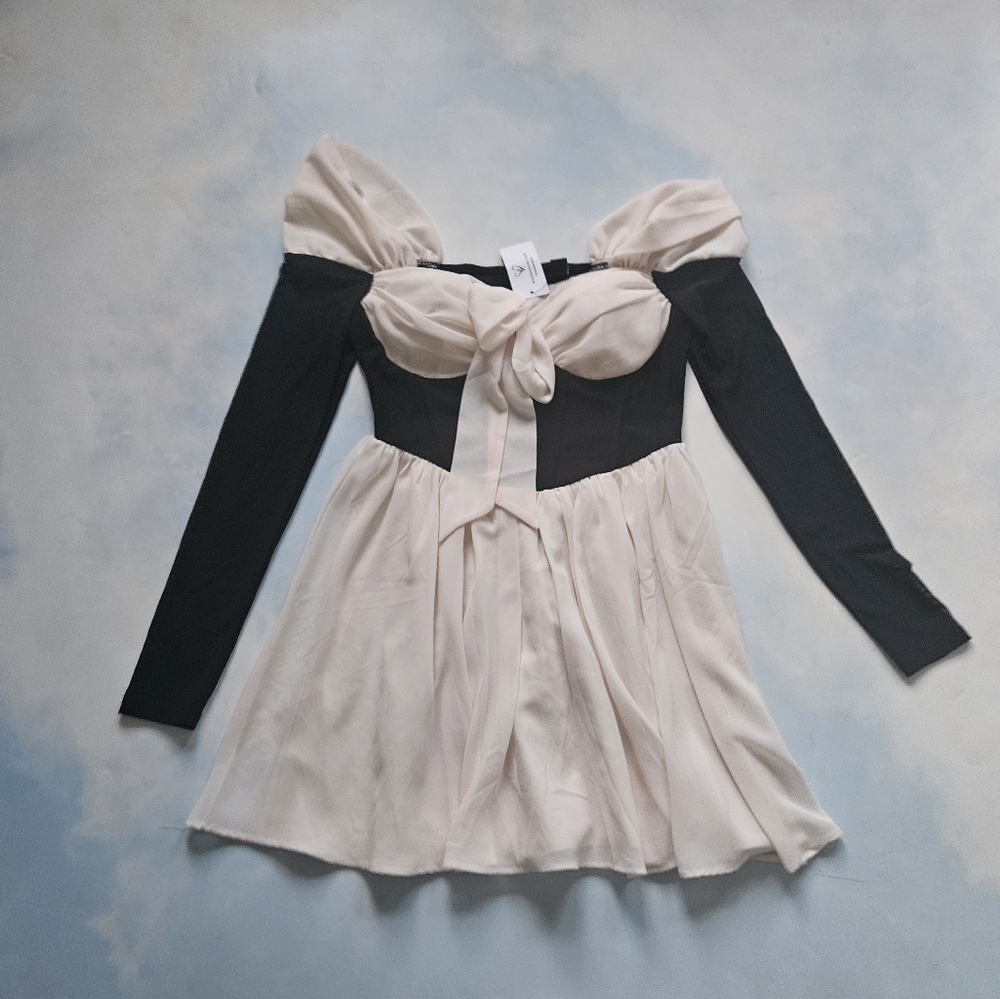 Coquette Black & Cream Off-Shoulder Dress Chiffon Feminine Mini Dress - Picture 8 of 16
